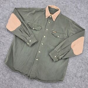 Remington Vintage Cotton Canvas Hunting Shirt Mens L Olive Elbow Patch Twill
